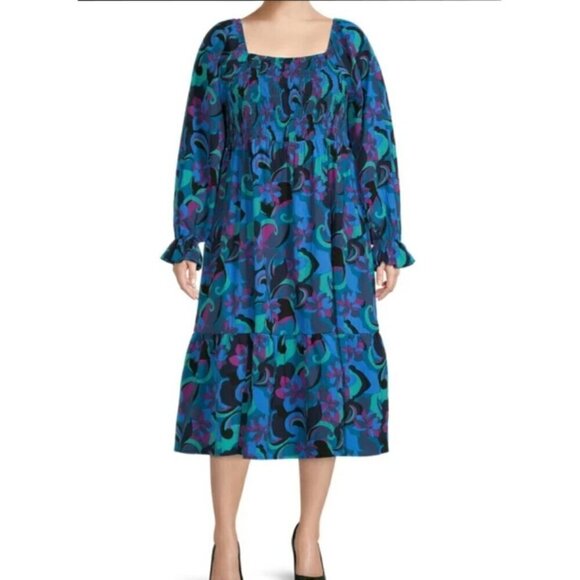 Terra & Sky Multicolor Blue Peasant Midi Dress Plus 4X Square Neck Long Sleeves - Picture 12 of 12